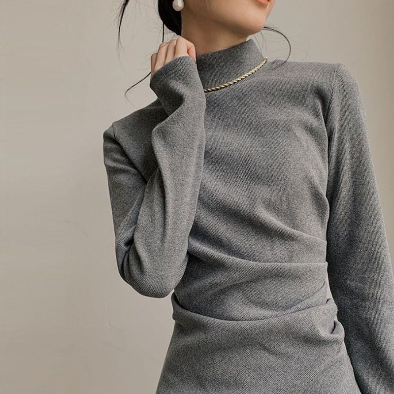 法式修身針織短洋裝 半高領設計 秋冬簡約氣質款