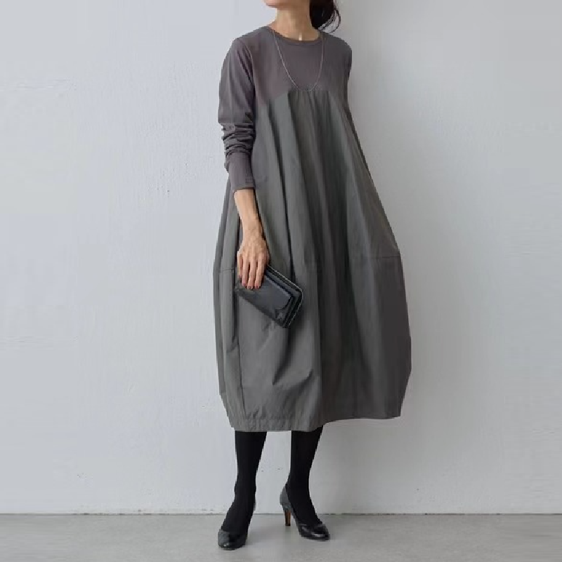 秋冬日韓系樂天圓領長袖針織拼接長款洋裝