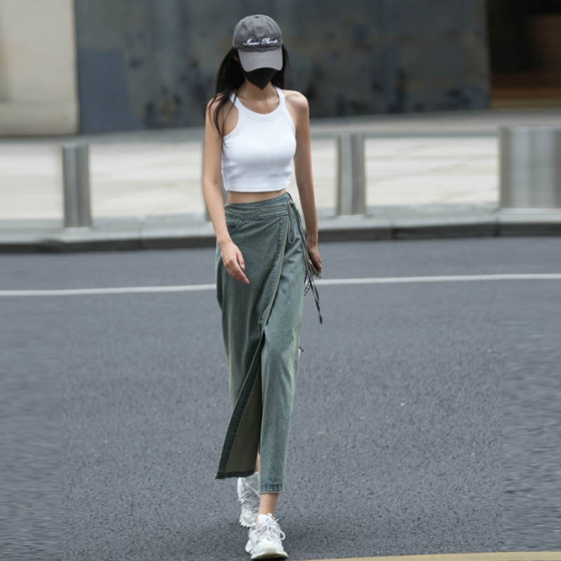 設計感復古綁帶一片式牛仔半身裙