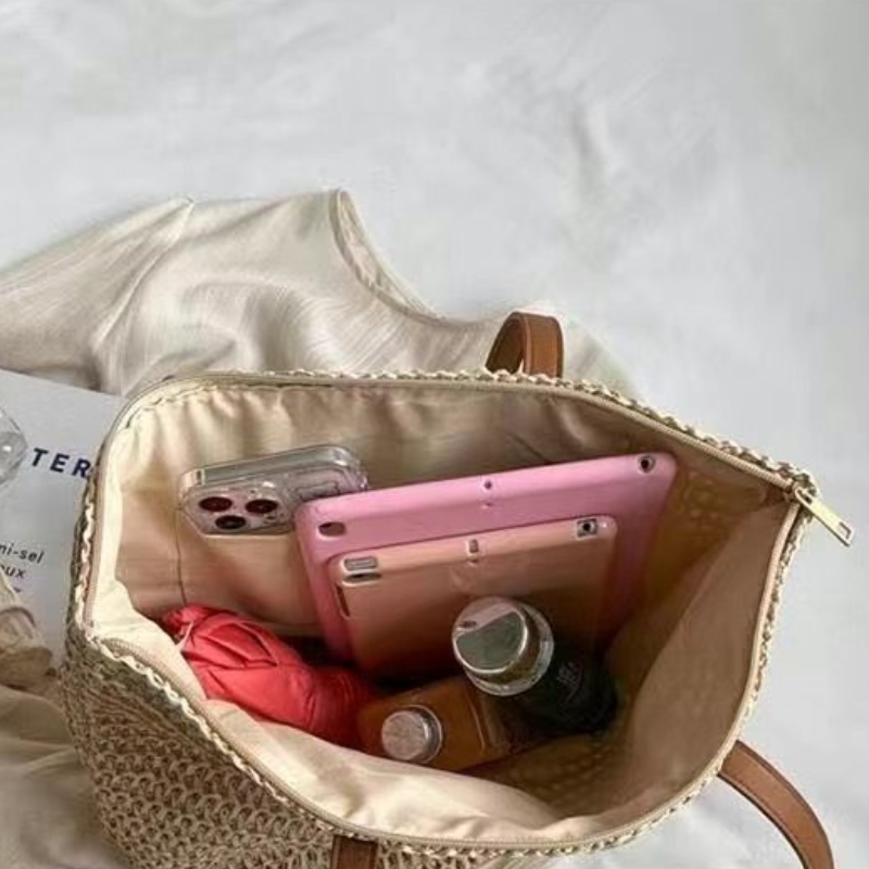 自然編織草編托特包 大容量海邊度假肩背包