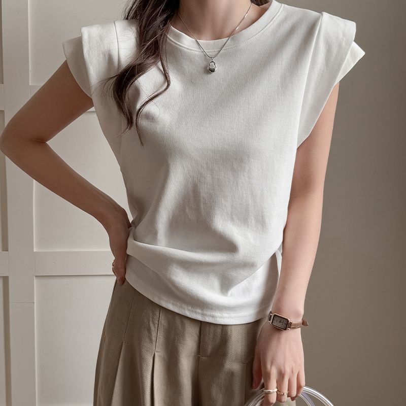 夏季圓領飛飛袖上衣 短袖寬鬆百搭休閒款氣質女裝