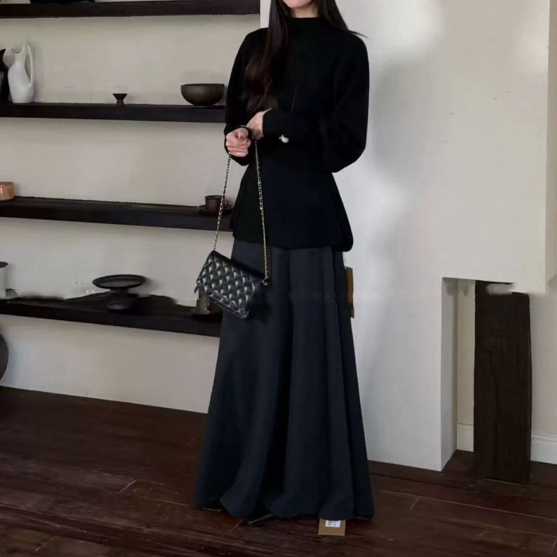 法式半高領荷葉擺針織上衣 燈籠袖 收腰版型 比例更好看