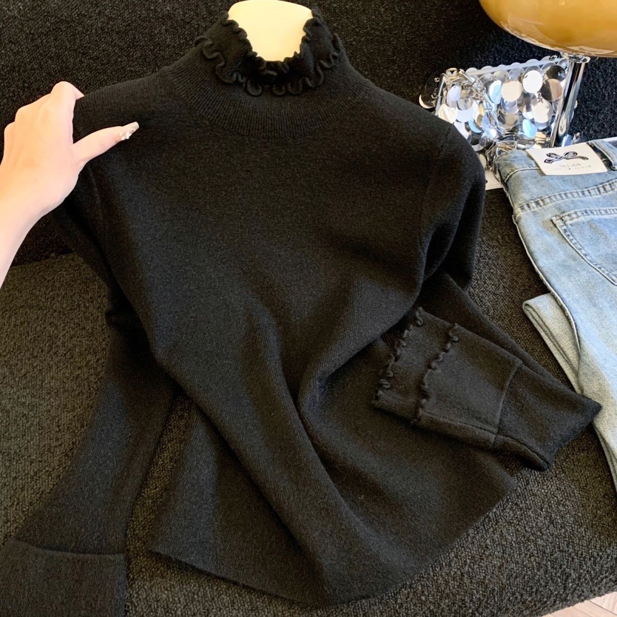 木耳邊半高領針織上衣 素色百搭設計 秋冬修身毛衣