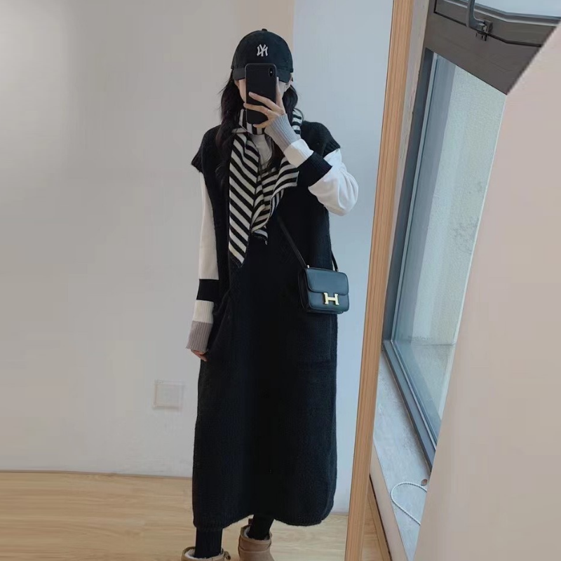 春秋寬鬆顯瘦系扣連身裙-百搭針織馬甲中長款洋裝