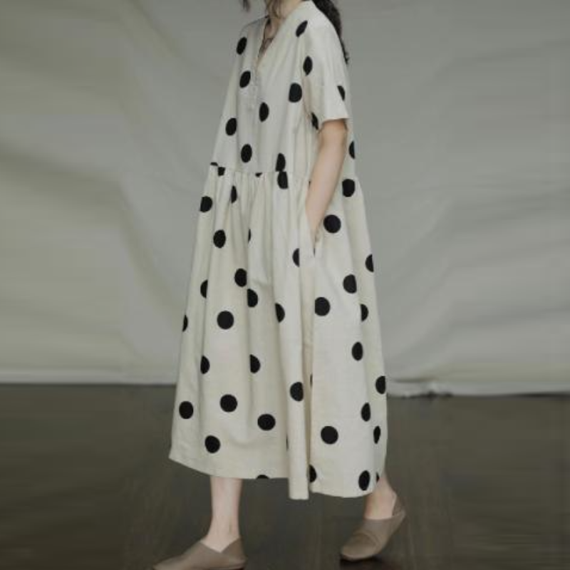 文藝復古波點棉麻長洋 大碼寬鬆棉麻連身裙 復古V領短袖棉麻長裙