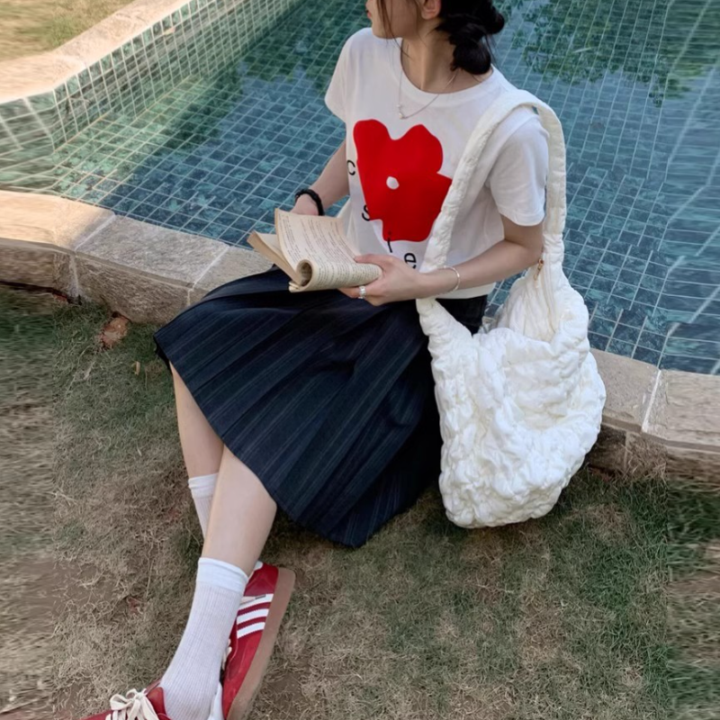 純棉紅花印花T恤 白色短袖 韓系甜美 顯年輕 夏季百搭