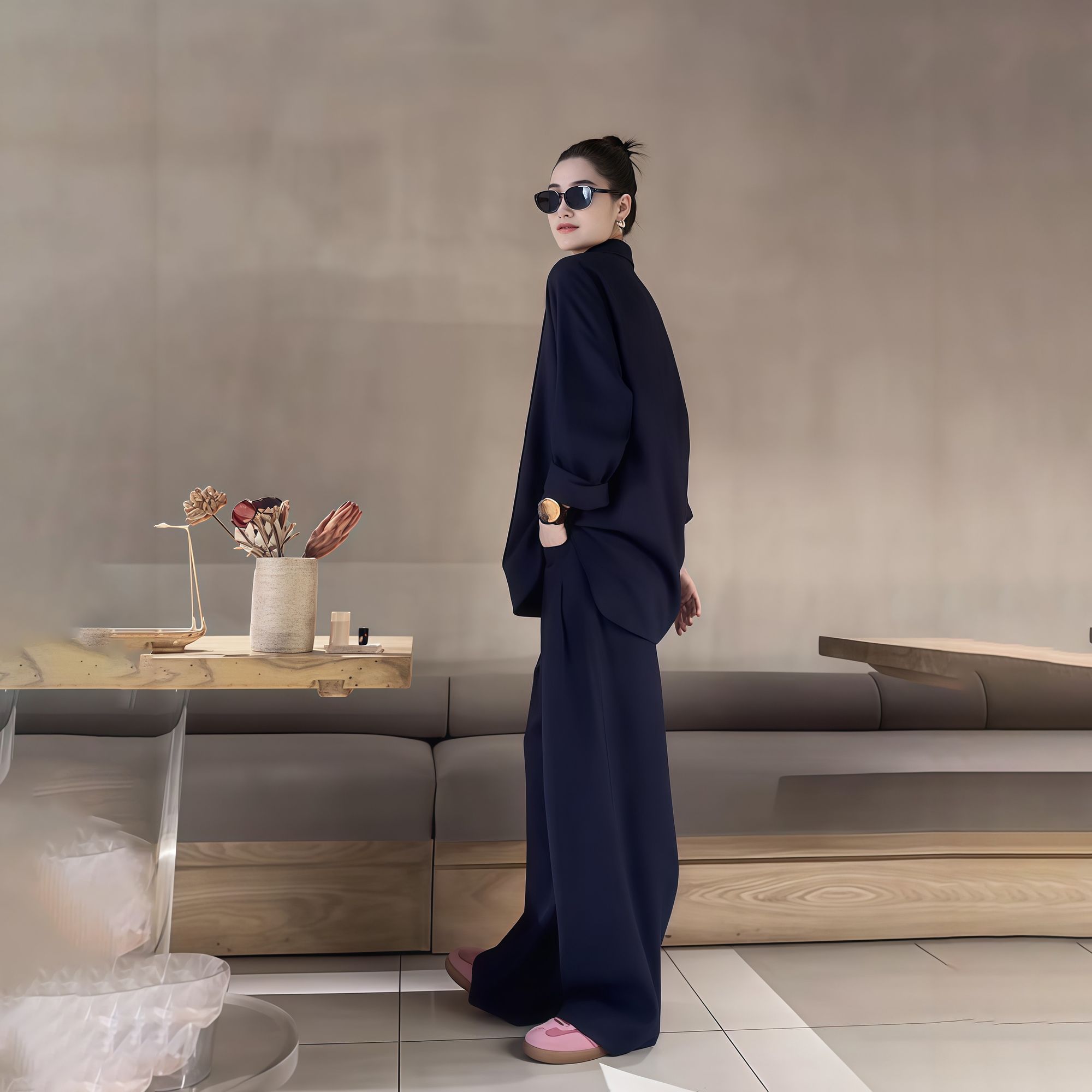 極簡風通勤兩件式套裝 深藍寬鬆襯衫＋休閒寬褲 氣質高級感