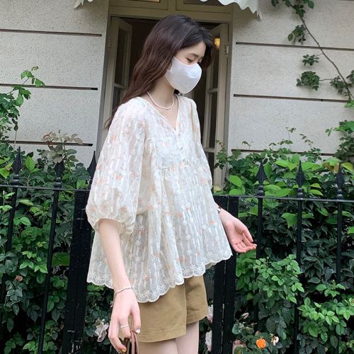碎花V領澎袖上衣 寬鬆版型 法式溫柔感襯衫