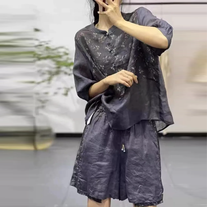 簡約 ‧ 文藝復古印花短袖上衣+短褲(兩件套) 透氣抽繩短褲套裝