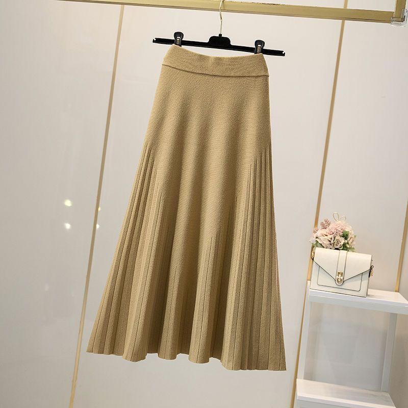 溫柔針織高腰半身裙 顯瘦A字裙垂感素面中長款百褶裙