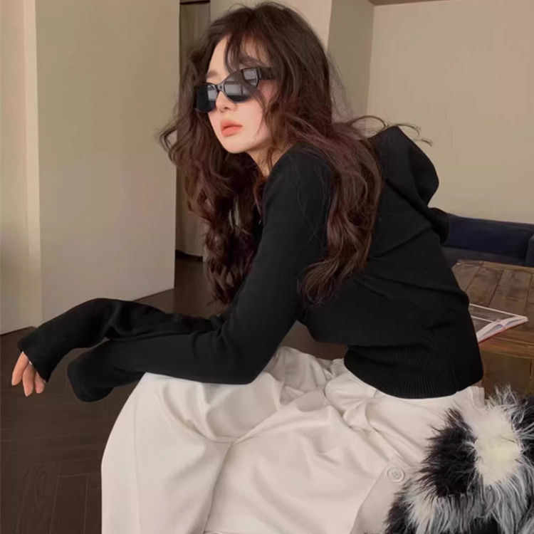 連帽針織短版上衣 5色修身 收腰顯瘦 長袖毛衣 秋季甜辣風