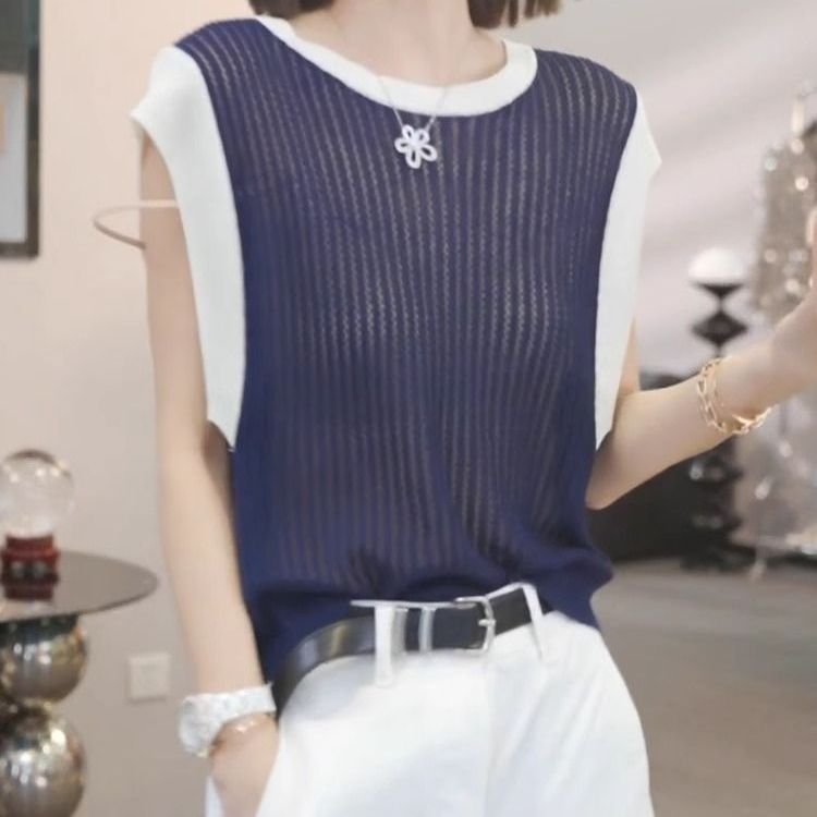 夏季冰涼針織鏤空上衣 條紋圓領小飛袖T恤 寬鬆百搭款