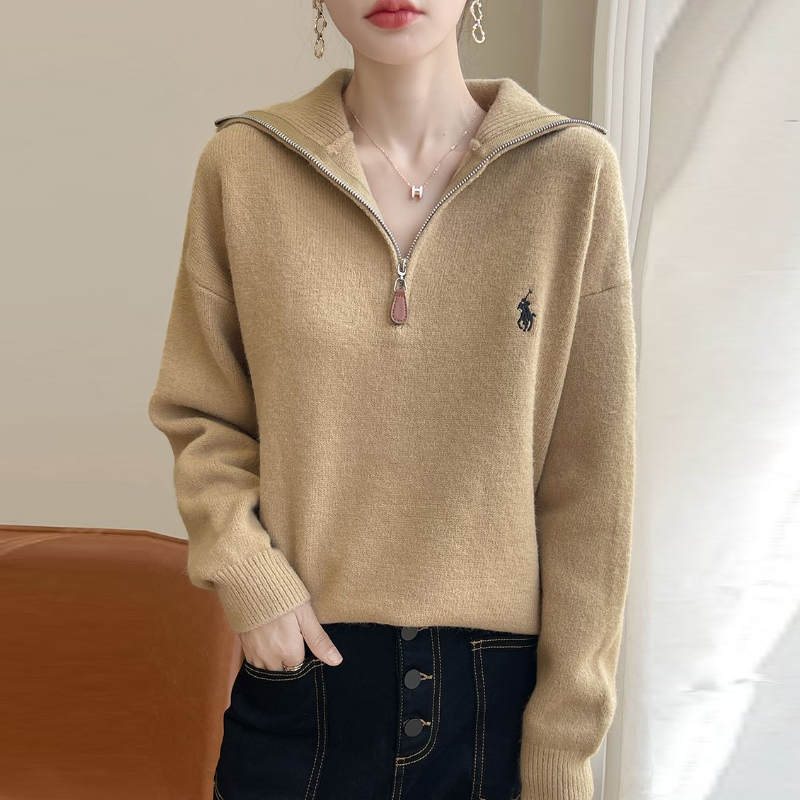 拉鏈翻領針織上衣 寬鬆設計 秋冬必備