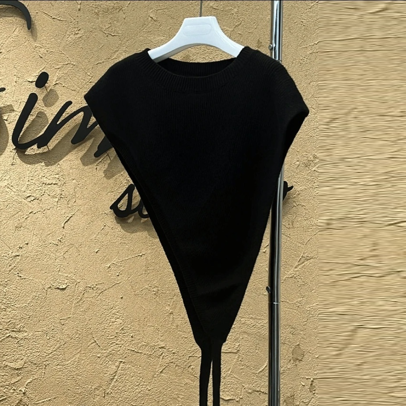 【層次感疊穿】時尚百搭斜肩披肩設計款 針織披肩式無袖馬甲休閒穿搭