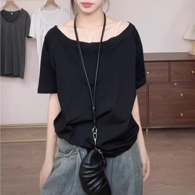 純欲韓系設計感斜肩短袖t恤 寬鬆顯瘦氣質剪裁直角肩