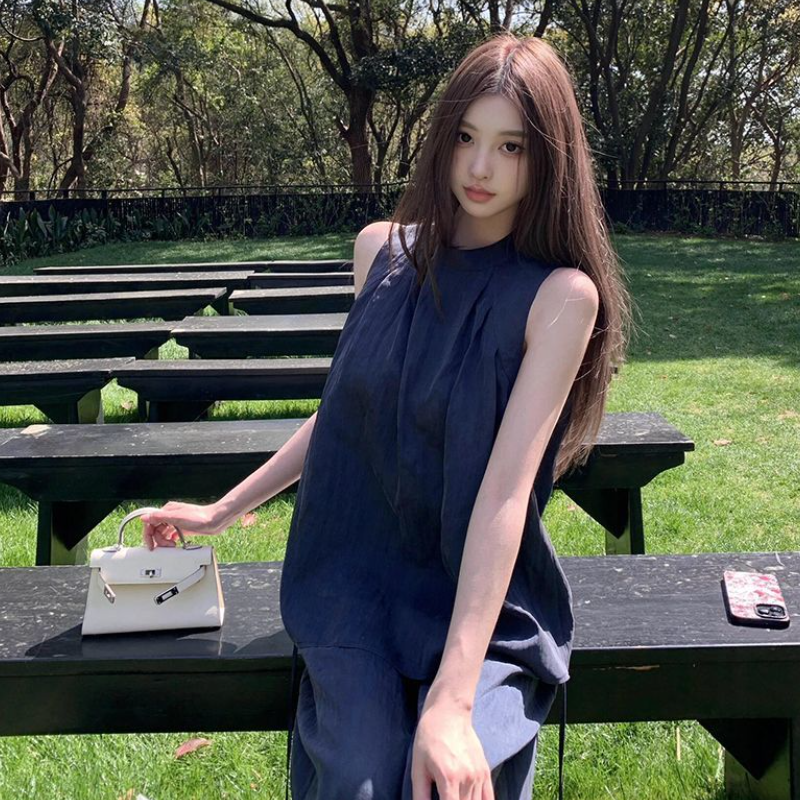 韓系運動休閒套裝 無袖上衣×長版寬褲 兩件式人氣款