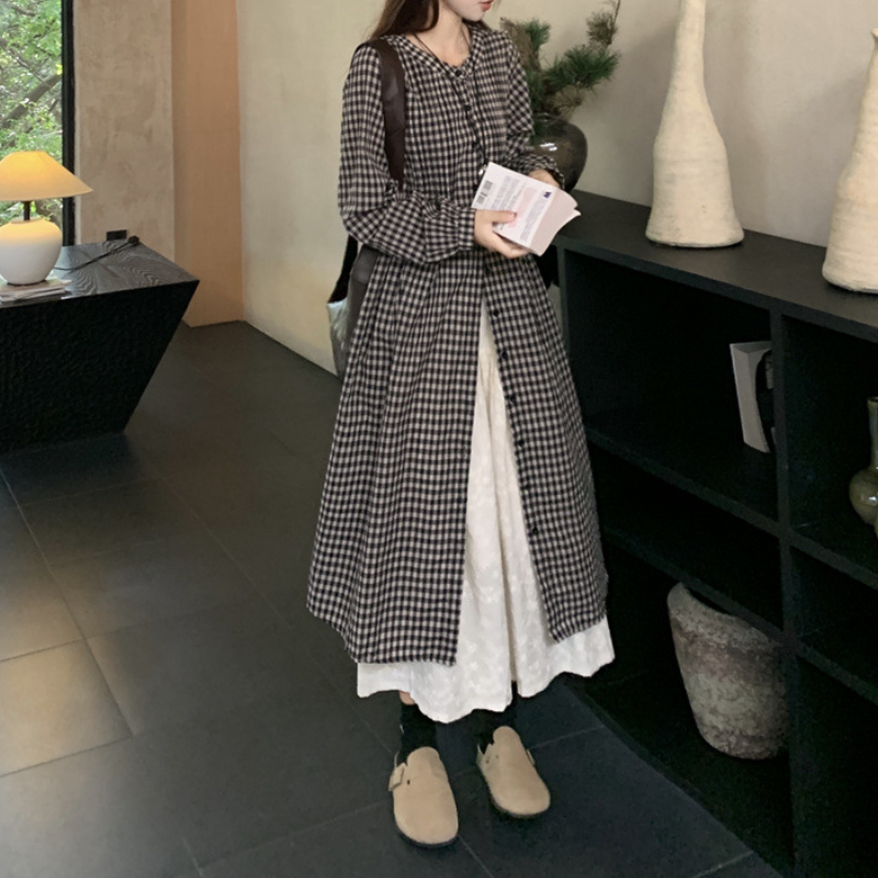 日系復古格紋襯衫洋裝 長袖寬鬆 可層次穿搭 慵懶風（嬌小友善）
