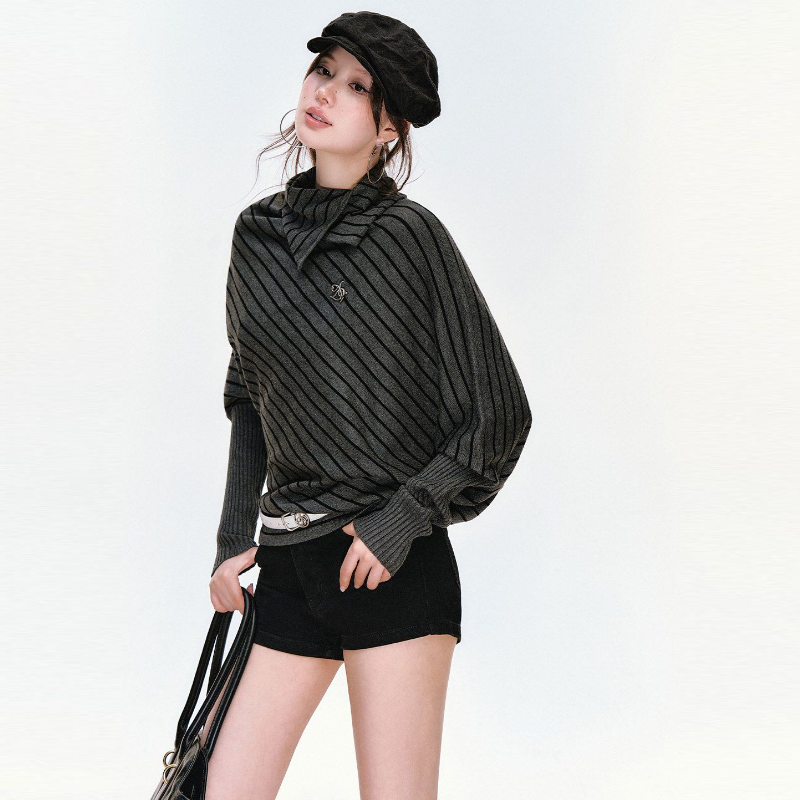 條紋蝙蝠袖針織上衣 高翻領/可翻折 寬鬆慵懶 顯瘦有復古感