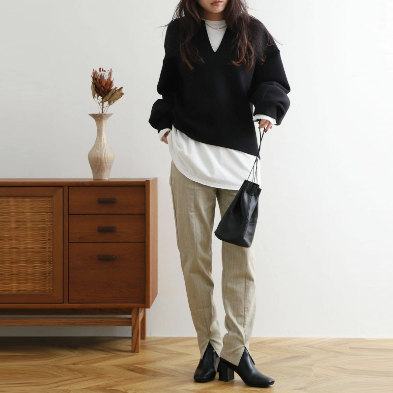 3色樂天日系寬鬆V領燈籠袖上衣-秋冬時尚百搭外套