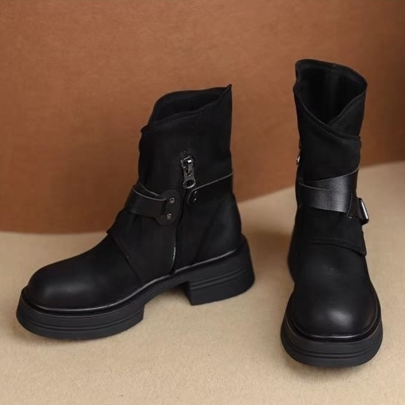 法式復古馬丁靴-秋冬新款厚底軟皮短靴 側拉鍊設計