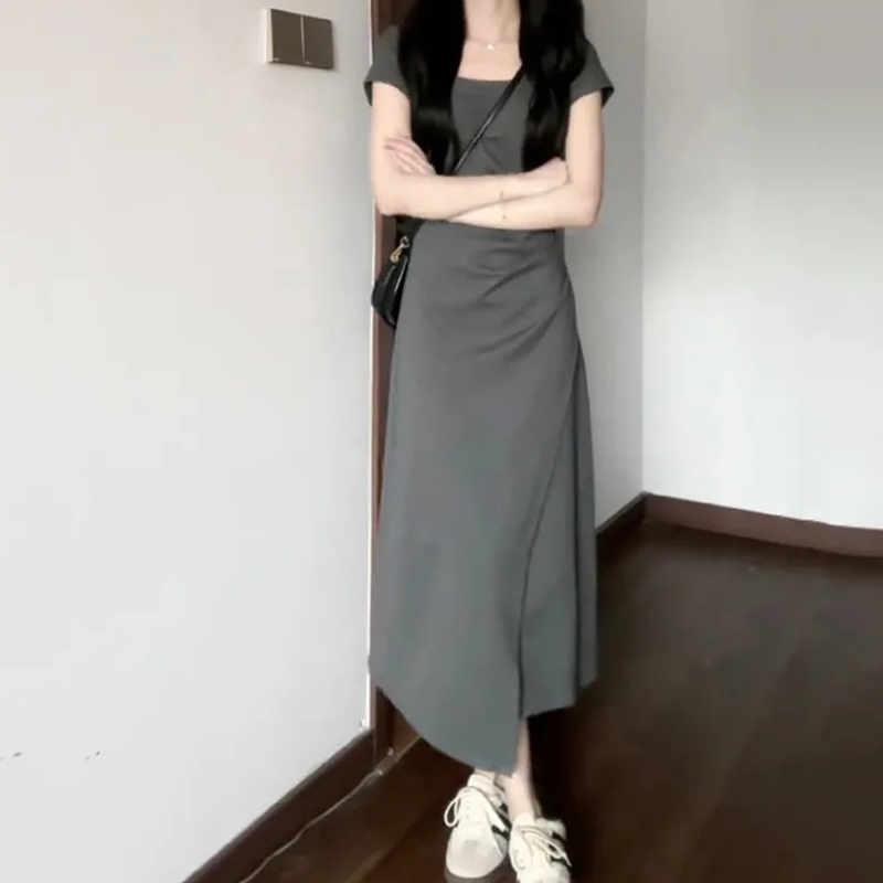 法式氣質收腰短袖連身裙 小眾設計圓領短裙