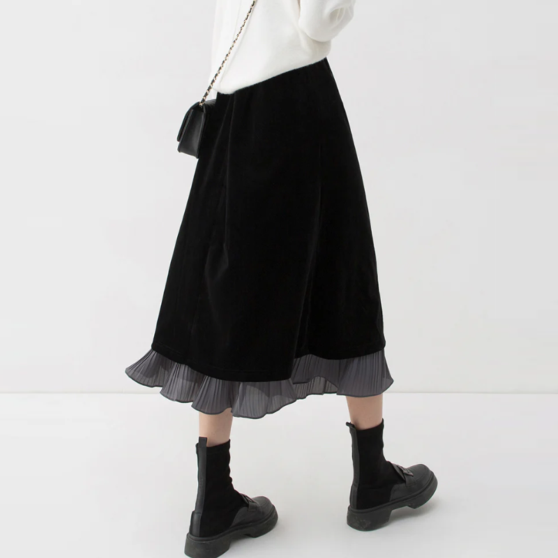 多巴胺絲絨撞色半身裙女2024秋冬新款黑色高腰氣質半裙假兩件