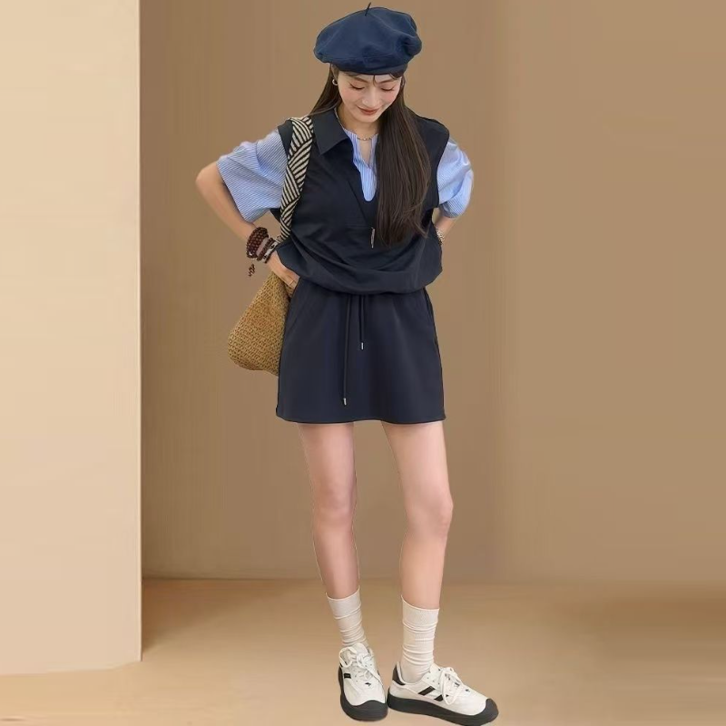 韓系假兩件套裝 夏季拼接短袖翻領上衣＋半身裙整套穿搭 新款流行