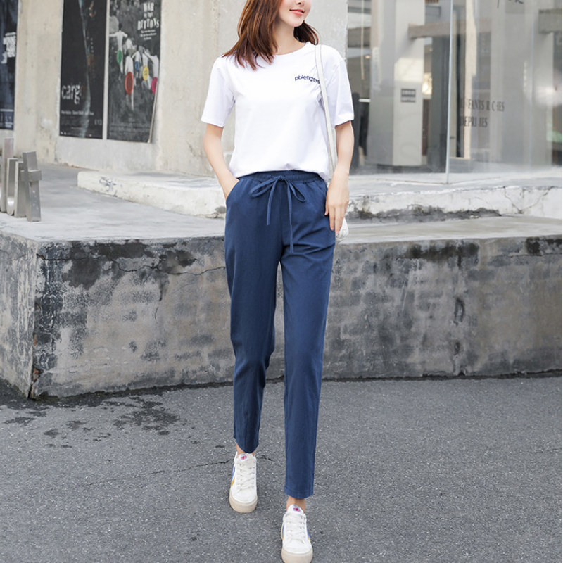 休閒簡約九分褲【8色】百搭綁帶素長褲薄款寬鬆鬆緊腰顯瘦休閒褲