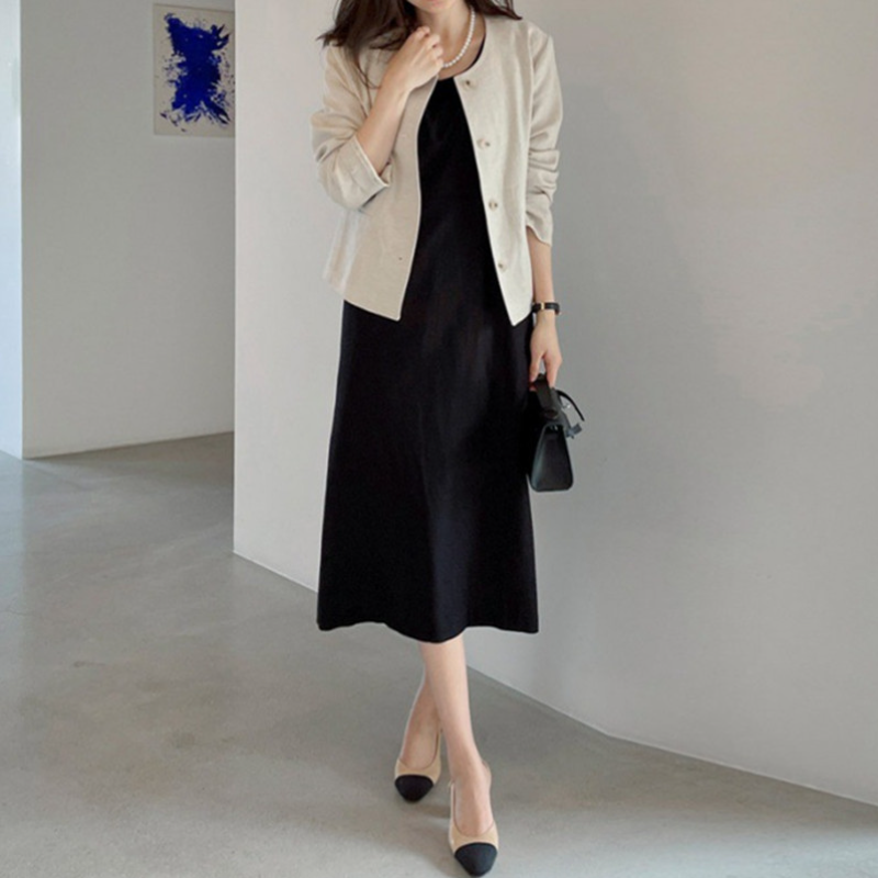 韓系棉麻薄外套 長袖開襟 圓領小西裝版