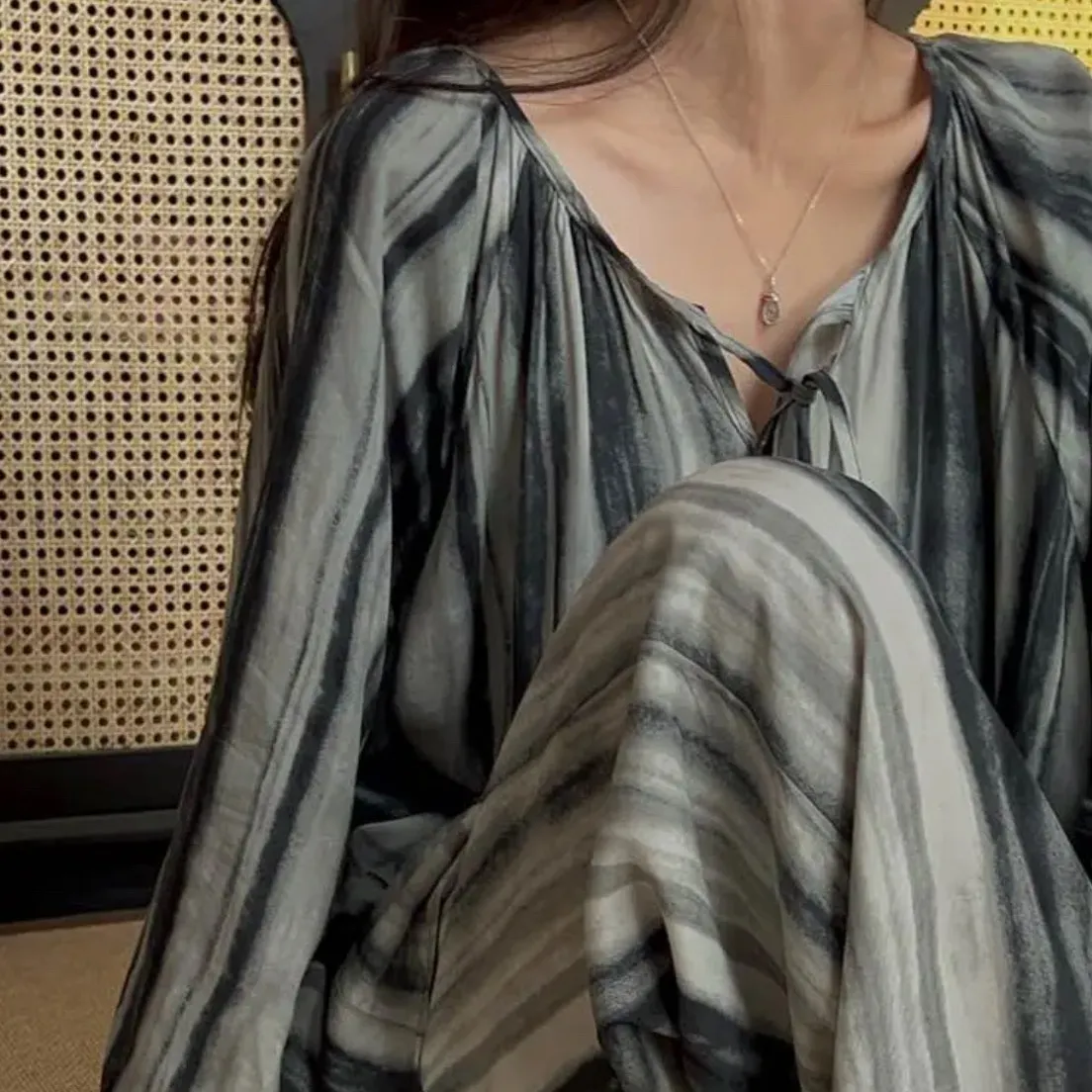 韓系高品質棉綢燈籠袖套裝家居服超親膚 高級感人棉長袖長褲套組