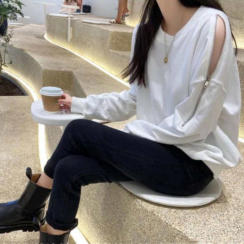 拉鍊露肩大學T 春秋新款 寬鬆顯瘦 長袖圓領