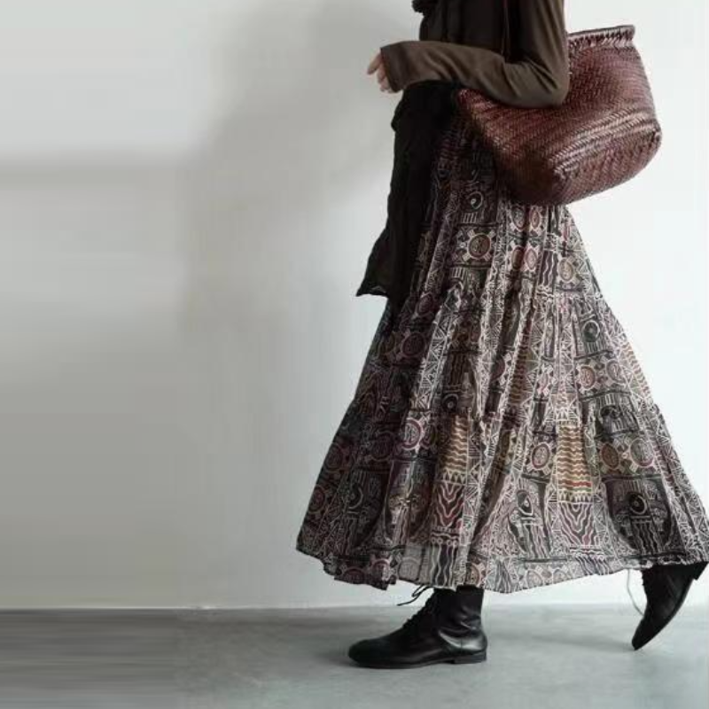 韓系 ‧ 復古文藝風印花半身裙日常通勤大裙擺