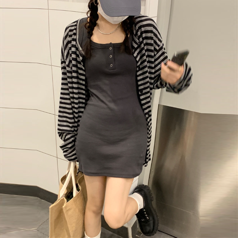 條紋針織開襟外套＋背心洋裝｜兩件式 甜辣風 修身顯瘦（長版／短版）