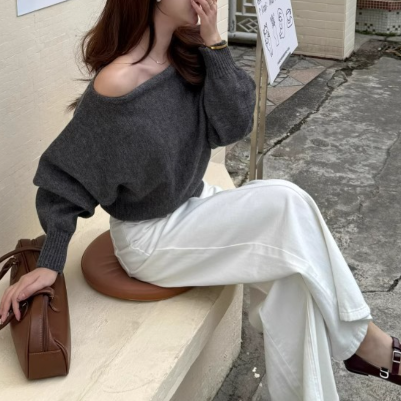 一字領露肩針織上衣 秋季慵懶風 長袖顯瘦 溫柔韓系毛衣