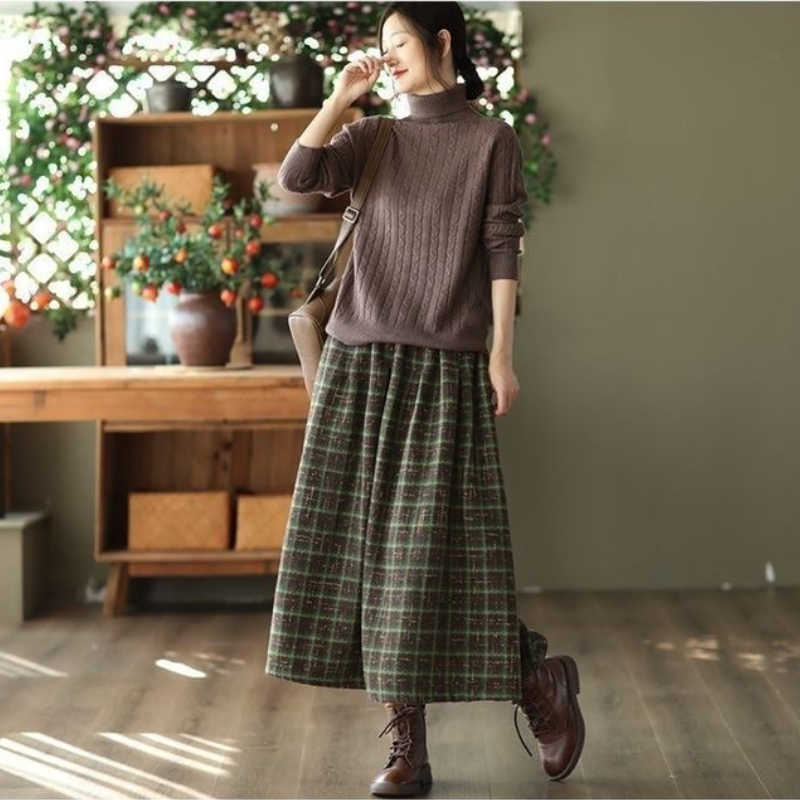 復古顯瘦格紋毛料中長裙 秋冬遮肉半身裙