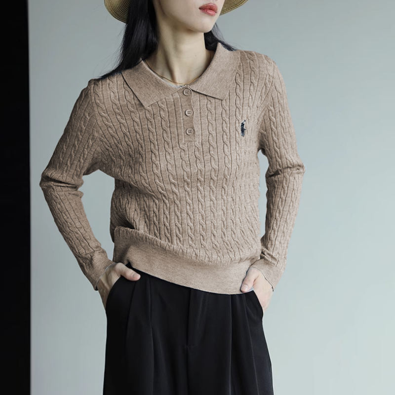 復古灰色翻領刺繡針織衫 通勤麻花毛衣顯瘦上衣