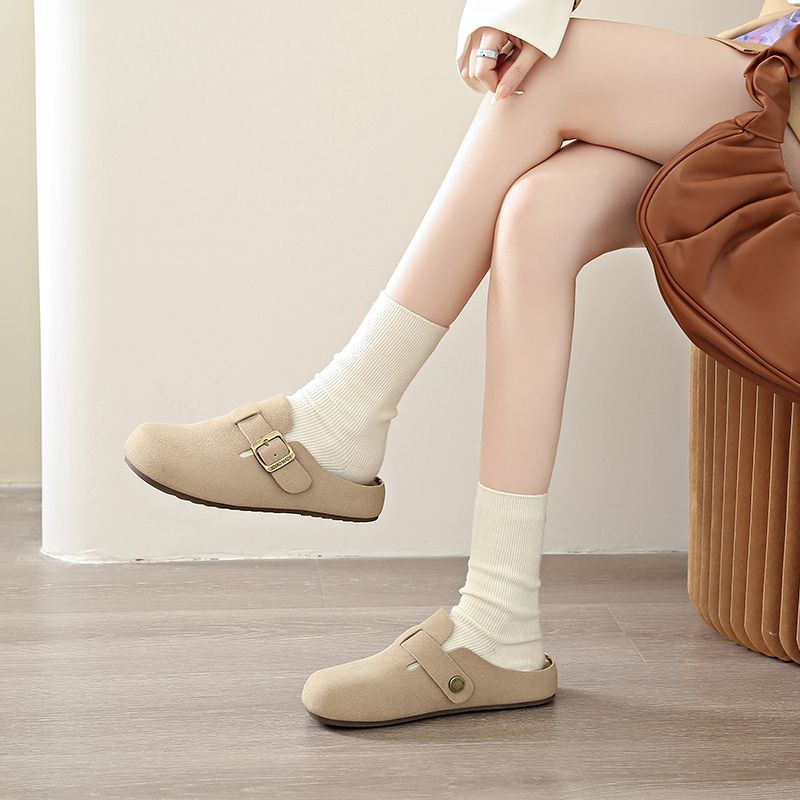 簡約包頭半拖鞋 可調扣帶設計 平底舒適 百搭休閒款