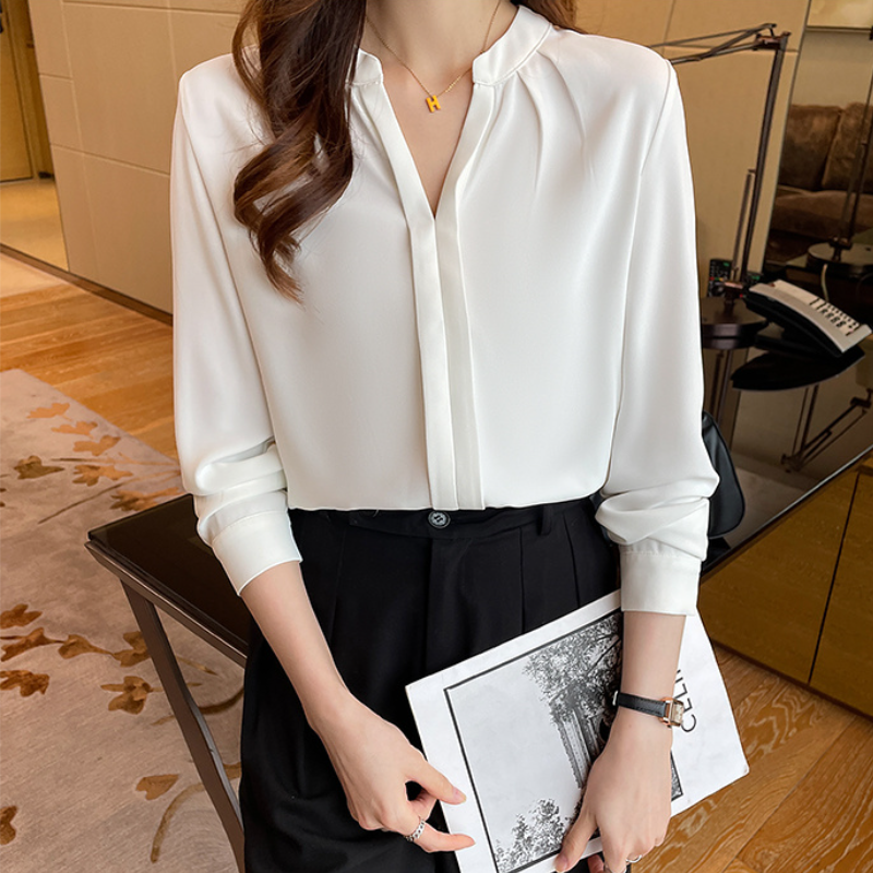 韓版v領雪紡白色襯衫女士長袖年春秋季職業正裝氣質上衣內搭上衣