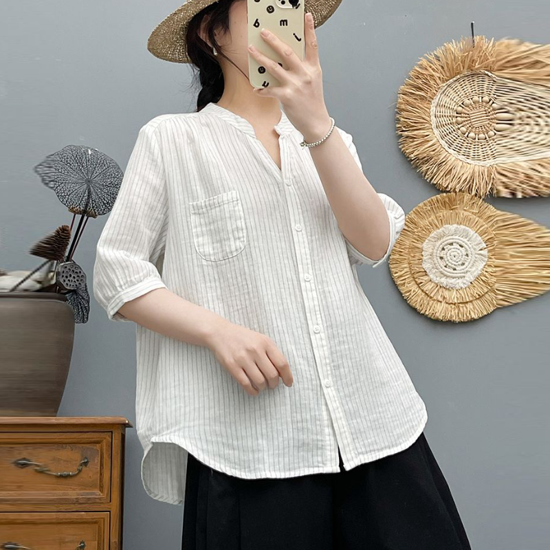 碎花雙層棉紗襯衫 中袖設計 寬鬆舒適 文青風上衣