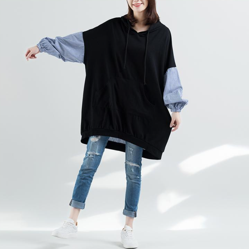 大尺碼秋季洋氣連帽上衣 拼接格紋連帽連身裙 拼接洋裝