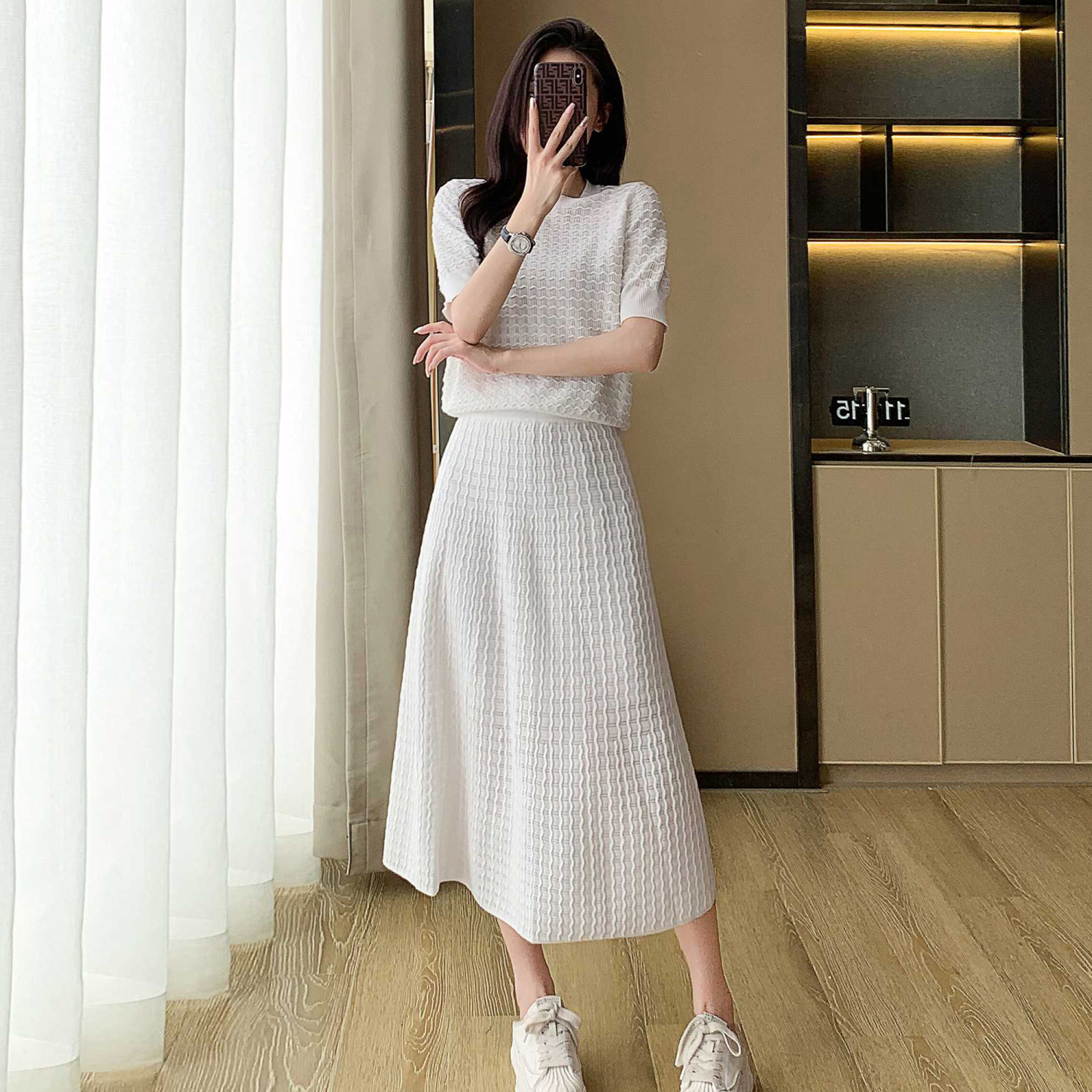 小香風鏤空針織套裝 法式刺繡透膚傘狀裙可拆式兩穿上下套裝