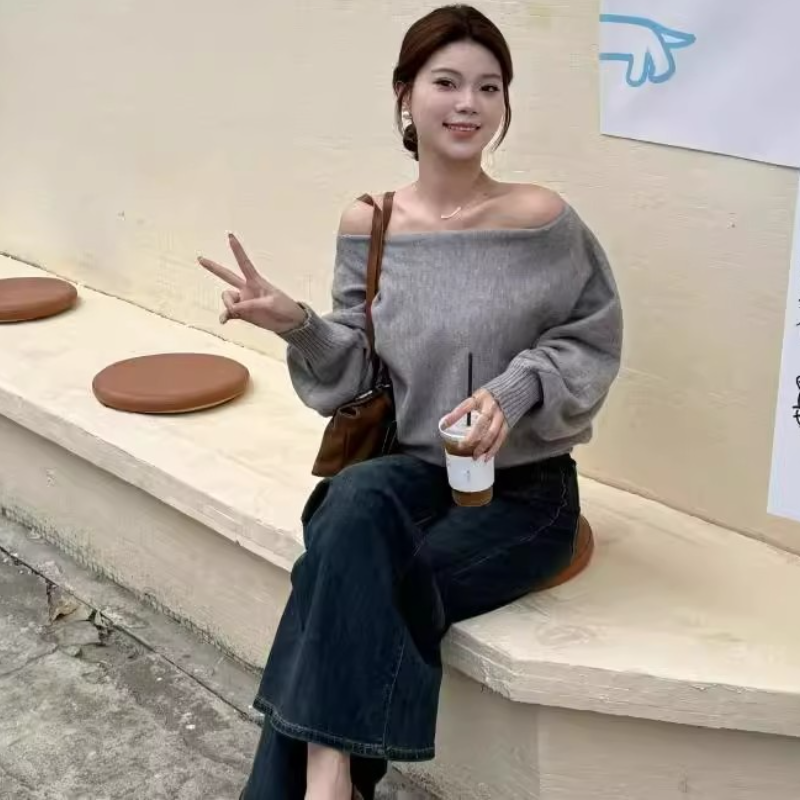 一字領露肩針織上衣 秋季慵懶風 長袖顯瘦 溫柔韓系毛衣