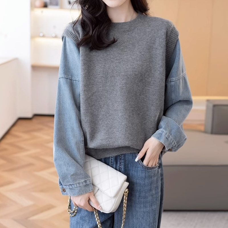 牛仔袖拼接假兩件針織上衣 寬鬆剪裁 秋冬百搭款