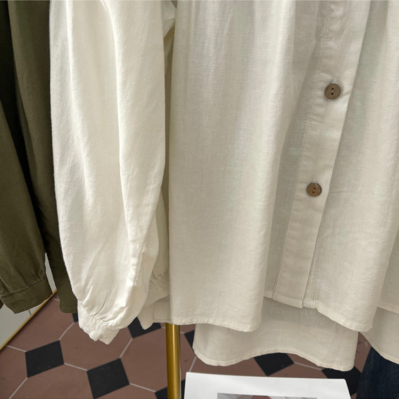 純棉燈籠袖襯衫 圓領排釦 荷葉邊拼接 寬鬆復古感