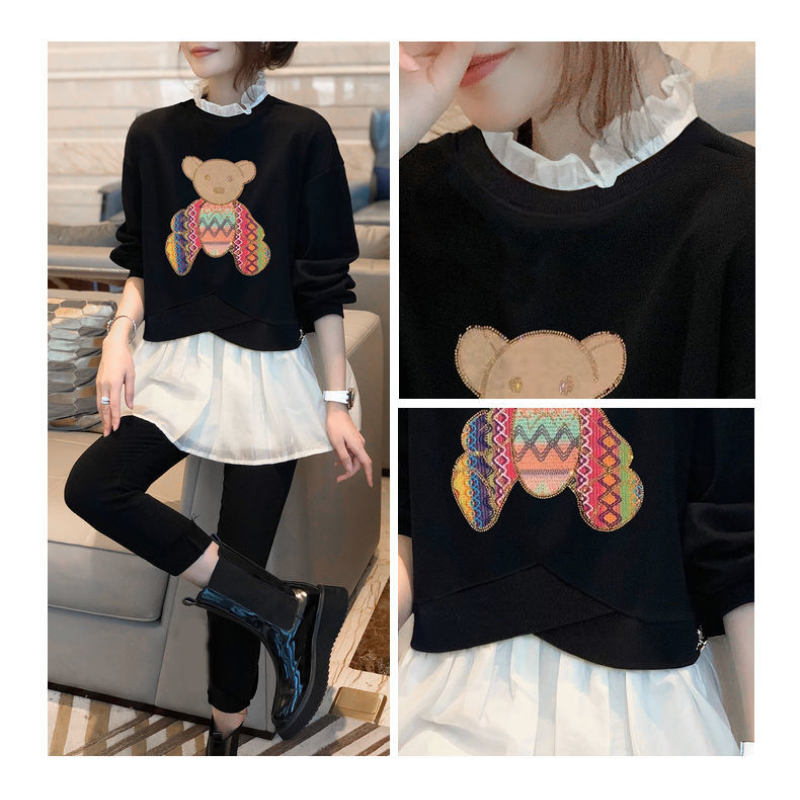 黑色卡通假兩件上衣 韓版設計感小眾上衣秋冬