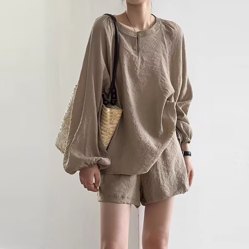 名媛風兩件套 寬鬆褶皺棉麻圓領防曬上衣＋寬褲短褲套裝