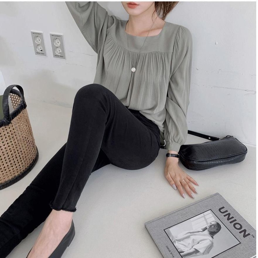 素面長袖雪紡襯衫 春夏法式方領設計感 氣質百搭上衣