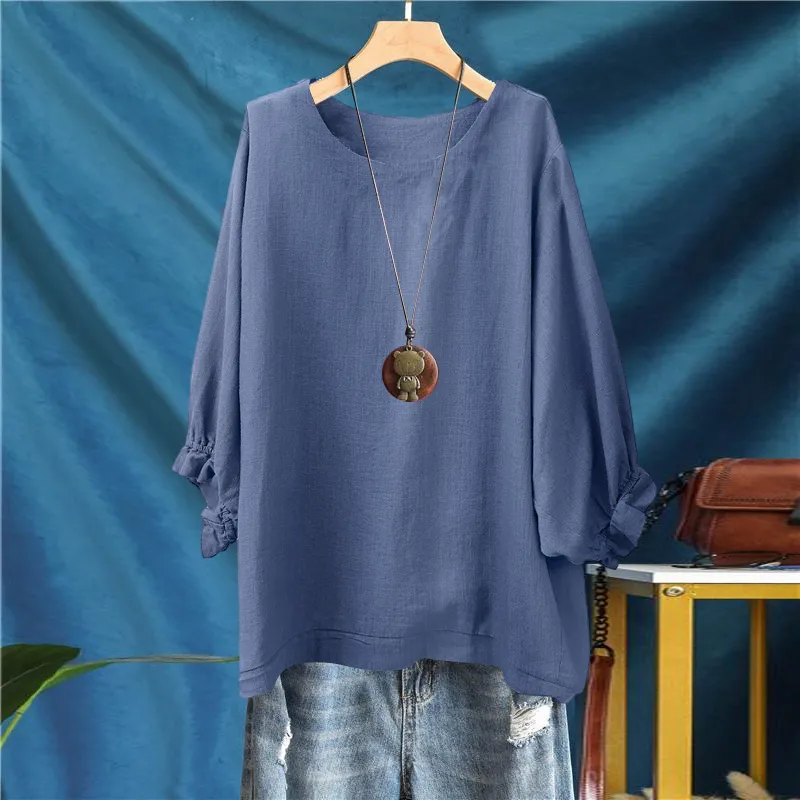 寬鬆五分袖上衣 春夏秋棉質 圓領縮口蓬袖 顯瘦百搭 外穿好搭