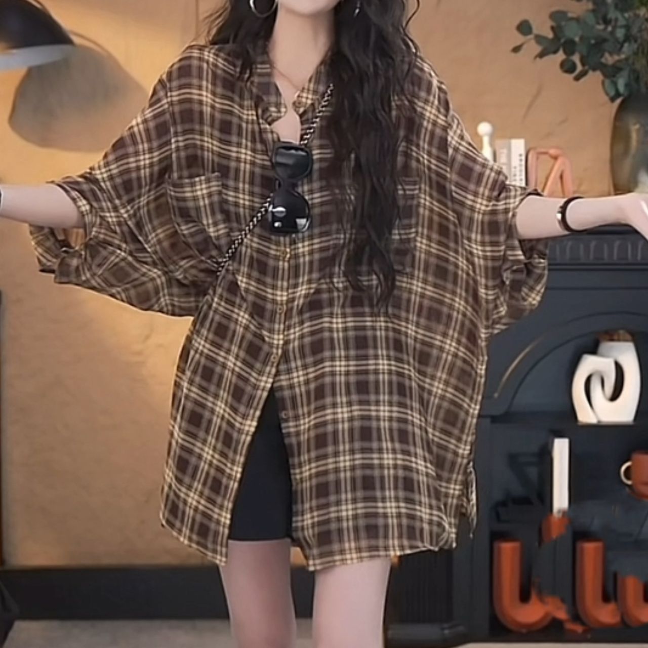 復古格紋寬鬆防曬襯衫外套 七分袖長版休閒款