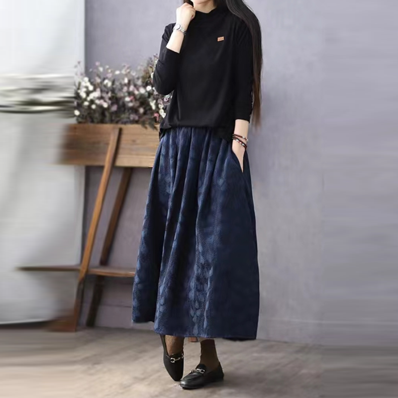 羽毛提花棉質高腰A字中長裙 秋冬文青感 顯瘦顯高